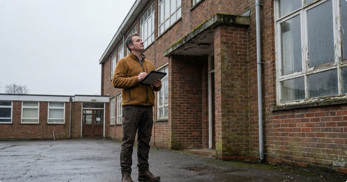 man standing outside a school